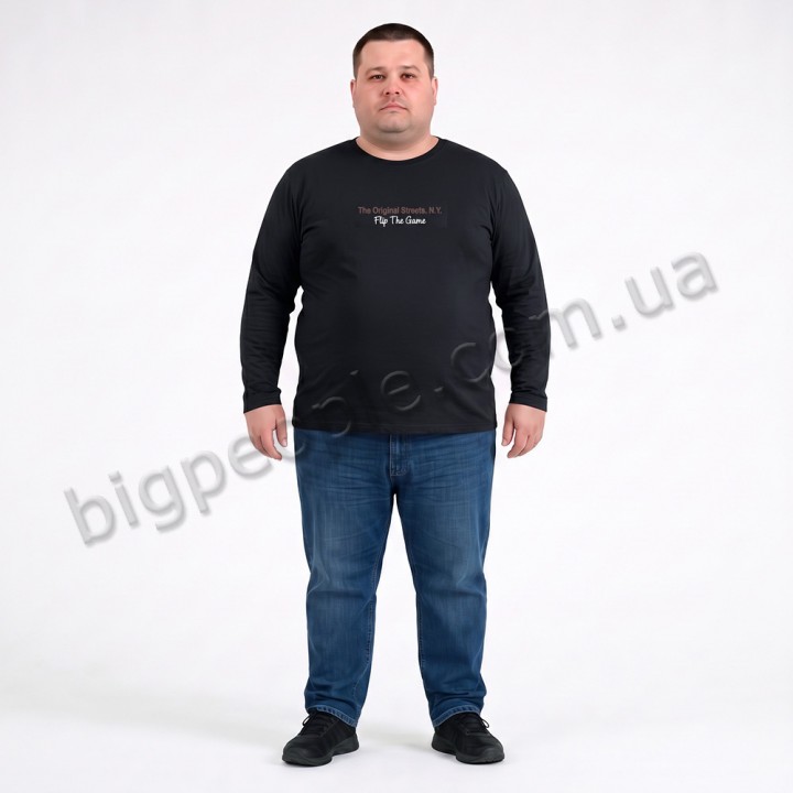Тонкая футболка мужская с длинным рукавом TURHAN большого размера. Цвет чёрный. Ворот полукруглый. (fu0211953)