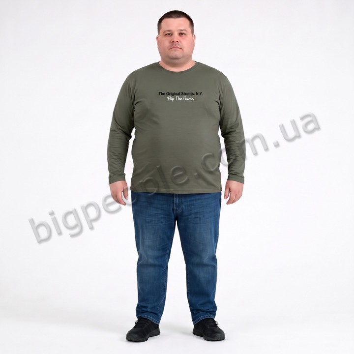 Тонкая футболка мужская с длинным рукавом TURHAN большого размера. Цвет хаки. Ворот полукруглый. (fu0210447)