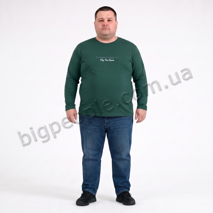 Тонкая футболка мужская с длинным рукавом TURHAN большого размера. Цвет зелёный. Ворот полукруглый. (fu0209760)